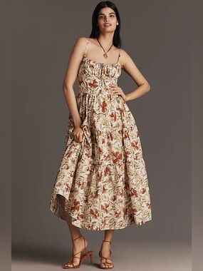 En Saison Cream Midi Dress with Rust Floral Print